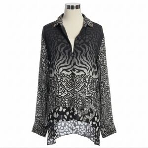 DESIGUAL Black & White Snake Print Contrast Pattern Small Button Down Blouse